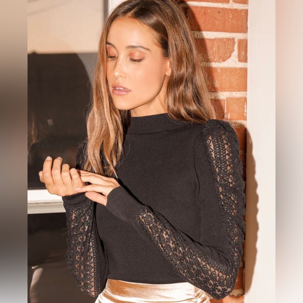 Lulus So Much to Say Black Lace Puff Shoulder Sweater Top